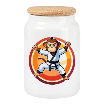 Monkey in Karate Suit Karate Training Kids Motif - Cookie Jar with Wooden Lid - white - Front