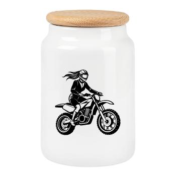 Motocross girl - Cookie Jar with Wooden Lid - white - Front