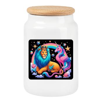 Lion magique et licorne - Boîte à biscuits avec couvercle en bois - blanc - Devant