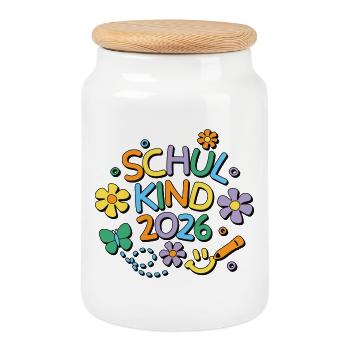 Schulkind 2026 Einschulung Schulanfang - Keksdose mit Holzdeckel - Weiß - Vorne