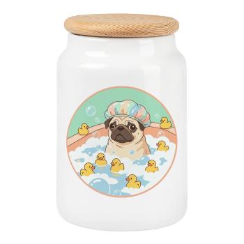Pugs having fun in the bath - Cookie Jar with Wooden Lid - white - Front