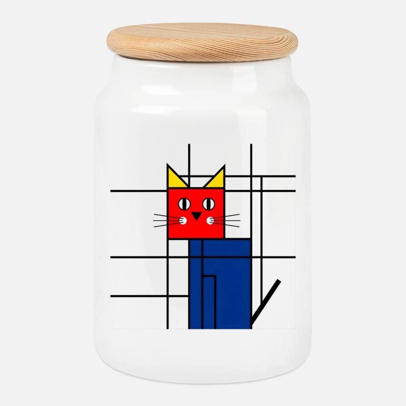 Abstrakte Katze Kunst - Geometrisches Mondrian  - Keksdose mit Holzdeckel - Weiß