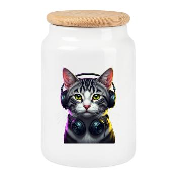 CatDJ Neon Headphones Music lover cat - Cookie Jar with Wooden Lid - white - Front