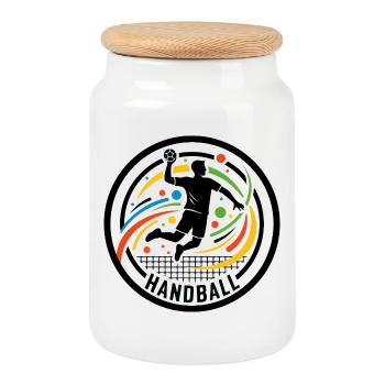Logo coloré de handball avec motif de cercle de joueur - Boîte à biscuits avec couvercle en bois - blanc - Devant
