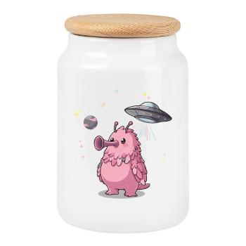Cute pink alien with UFO in space - Cookie Jar with Wooden Lid - white - Front