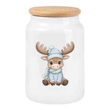 Renne d’hiver en bleu avec chapeau et écharpe - Boîte à biscuits avec couvercle en bois - blanc - Devant