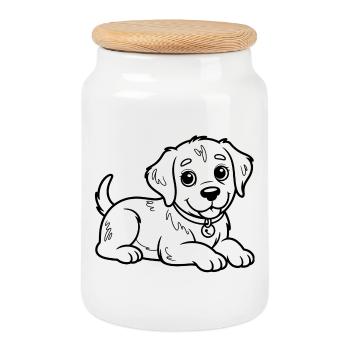 Petit chien en dessin de lin - Boîte à biscuits avec couvercle en bois - blanc - Devant
