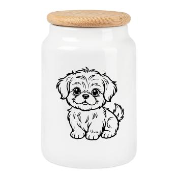 Cuddly Dog Line Drawing - Cookie Jar with Wooden Lid - white - Front