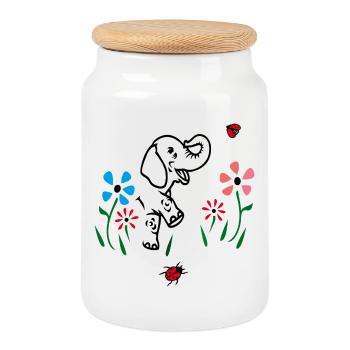 Éléphant sur une prairie fleurie - Boîte à biscuits avec couvercle en bois - blanc - Devant