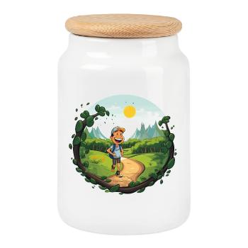 Hikers on the forest path - Cookie Jar with Wooden Lid - white - Front