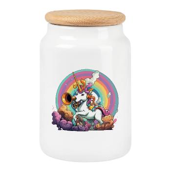 Licorne arc-en-ciel avec trompette - Boîte à biscuits avec couvercle en bois - blanc - Devant