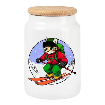 Skier Cat Freeride - Cookie Jar with Wooden Lid - white - Front