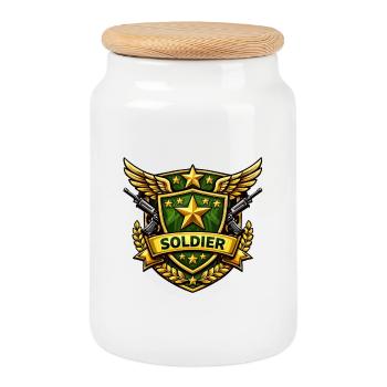 Soldier Shield with Stars and Wings - Cookie Jar with Wooden Lid - white - Front
