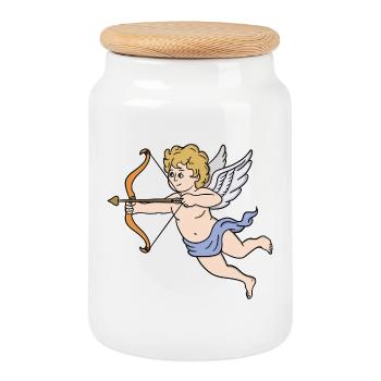 Petit Cupidon mignon tirant sur des cœurs d’amour - Boîte à biscuits avec couvercle en bois - blanc - Devant