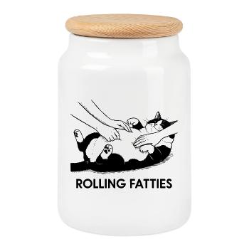Rolling Fatties - Funny Fat Cat Design - Cookie Jar with Wooden Lid - white - Front