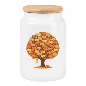 Cat Tree Autumn - Cute Sleeping Cats Design - Cookie Jar with Wooden Lid - white - Front