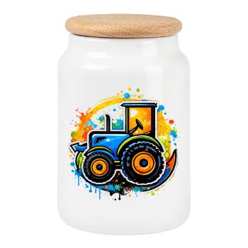 Bunter Traktor im Graffiti-Stil   - Keksdose mit Holzdeckel - Weiß - Vorne