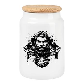 Pochoir de bûcheron avec double hache - Boîte à biscuits avec couvercle en bois - blanc - Devant