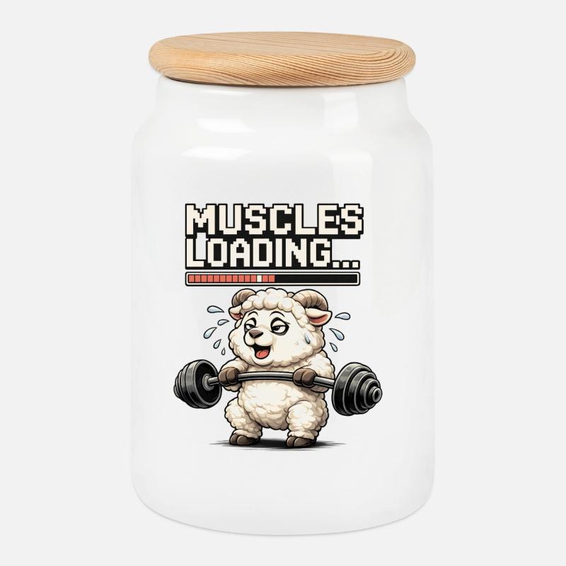 Muskel-Loading Lamm beim Krafttraining - Keksdose mit Holzdeckel - Weiß