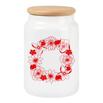 Red flower circle frame - Cookie Jar with Wooden Lid - white - Front