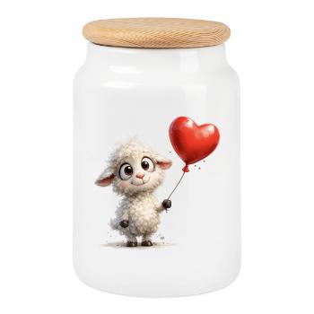 Agneau avec ballon en forme de cœur - Boîte à biscuits avec couvercle en bois - blanc - Devant