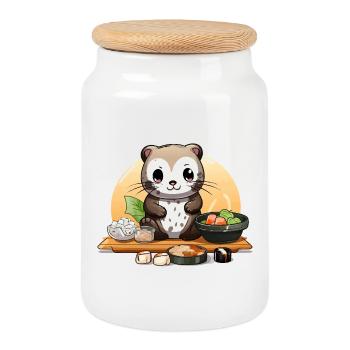 Otter Sushi Fest - Cookie Jar with Wooden Lid - white - Front