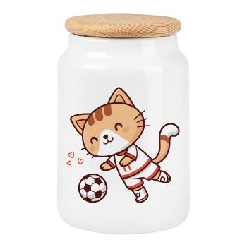 Chat Footballeur Adorable - Boîte à biscuits avec couvercle en bois - blanc - Devant