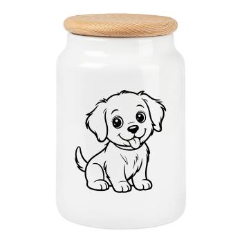 Cuddly Dog Line Drawing - Cookie Jar with Wooden Lid - white - Front