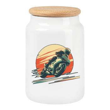 Sportmoto, schnelles Fahren mit einem großen Sonnenuntergang - Keksdose mit Holzdeckel - Weiß - Vorne