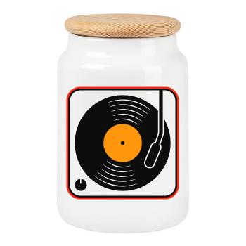 Retro-Vinyl-Album auf dem Plattenspieler - Keksdose mit Holzdeckel - Weiß - Vorne