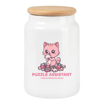 Aide au puzzle et citation pour chat - Boîte à biscuits avec couvercle en bois - blanc - Devant