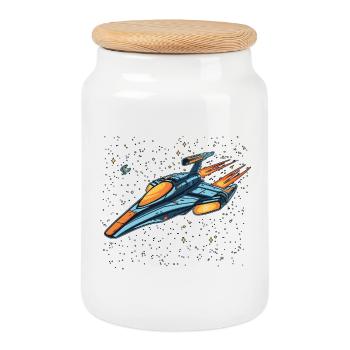 Retro futuristic spaceship moving fast into space - Cookie Jar with Wooden Lid - white - Front