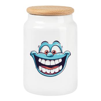 Happy Laughing face in blue color with fun eyes - Cookie Jar with Wooden Lid - white - Front