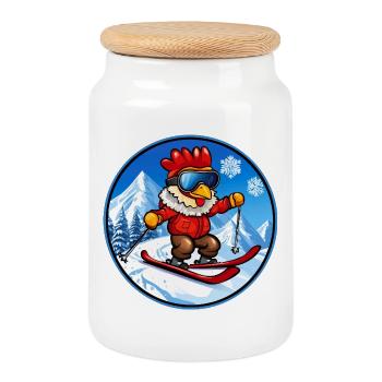 Chicken Ski - Cookie Jar with Wooden Lid - white - Front