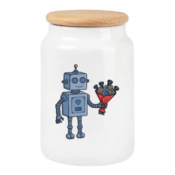 Robot de la Saint-Valentin mignon avec bouquet d’engrenages mécaniques - Boîte à biscuits avec couvercle en bois - blanc - Devant