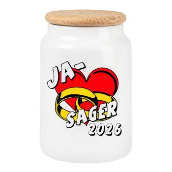 Junggesellenabschied,JGA Bräutigam - Ja Sager 2026 - Keksdose mit Holzdeckel - Weiß - Vorne