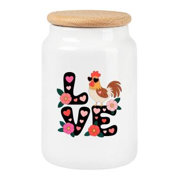 Love Rooster Flower Heart - Cookie Jar with Wooden Lid - white - Front