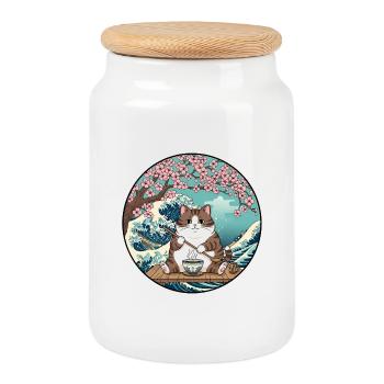 Heure du café du chat chanceux - Boîte à biscuits avec couvercle en bois - blanc - Devant