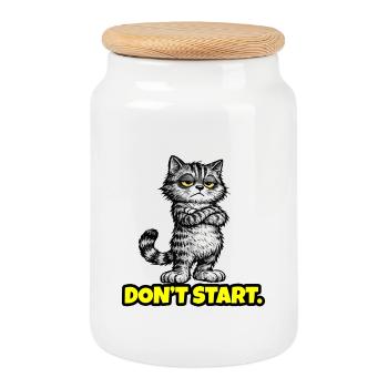 Don’t Start. – Grumpy Katze (Attitude) CAT - Cookie Jar with Wooden Lid - white - Front