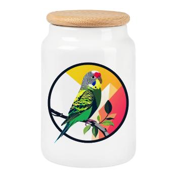 Bunter Wellensittich Papagei auf Ast Kunst Design - Keksdose mit Holzdeckel - Weiß - Vorne