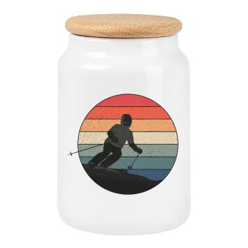 Skiing downhill in sunset - Cookie Jar with Wooden Lid - white - Front