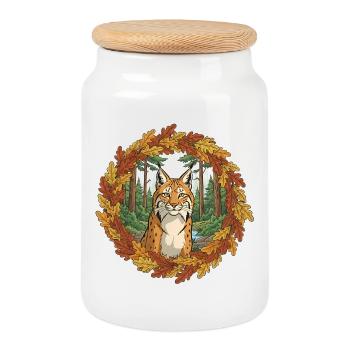 Herbstlicher Luchs im Waldkranz - Keksdose mit Holzdeckel - Weiß - Vorne