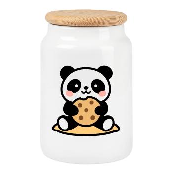 Panda kawaii gourmand - design mignon - Boîte à biscuits avec couvercle en bois - blanc - Devant