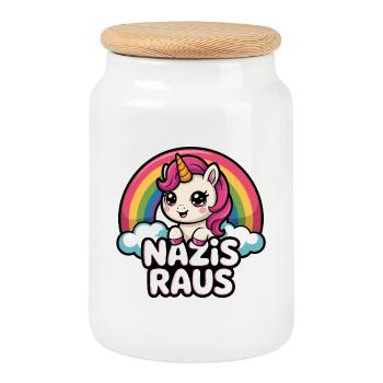 Nazis Raus - Antifa Einhorn Tee - Keksdose mit Holzdeckel - Weiß - Vorne