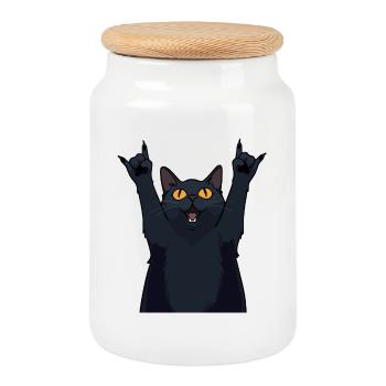Metal Cat – Black Cat montre des cornes - Boîte à biscuits avec couvercle en bois - blanc - Devant