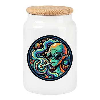Alien with Joint Smoking Pot in Space Smoking Pot Fun Motif - Cookie Jar with Wooden Lid - white - Front