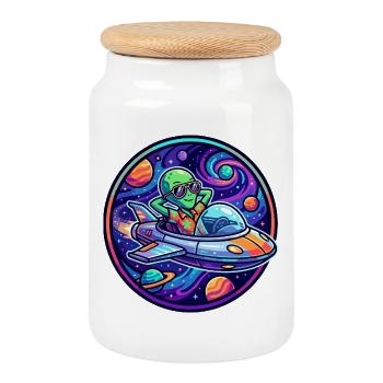 Alien in Spaceship Makes Vacation Fun Cosmos Motif - Cookie Jar with Wooden Lid - white - Front