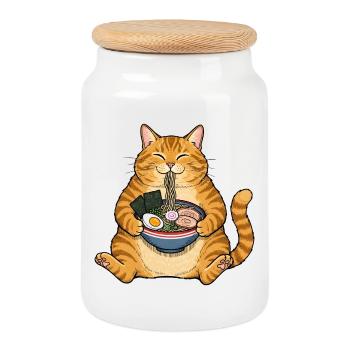 Noodle Cat - Ramen Cat Japanese Kawaii Ramen Neko - Cookie Jar with Wooden Lid - white - Front