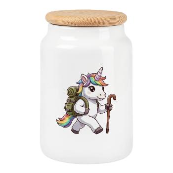 Cute Hiking Unicorn Magical Trekking Art - Cookie Jar with Wooden Lid - white - Front