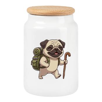 Cute Hiking Pug Dog Trekking Art - Cookie Jar with Wooden Lid - white - Front